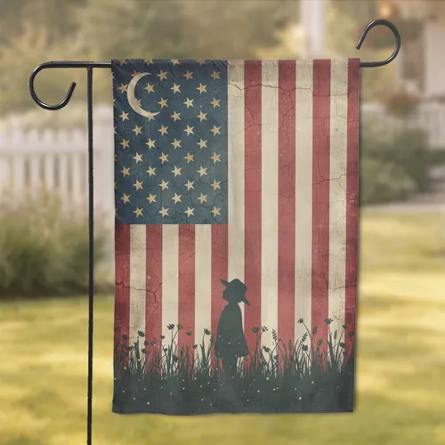 Distressed American Flag Child Moon - Independence Day Patriotic Home Decor Garden Flag