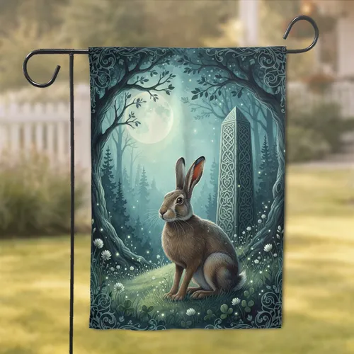 Brown Hare Ancient Celtic Stone Moonlit Forest - Nature Lover Home Decor Gift Garden Flag
