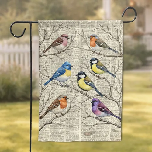 Songbirds Tree Branches Vintage Newspaper - Bird Lover Home Decor Gift Garden Flag
