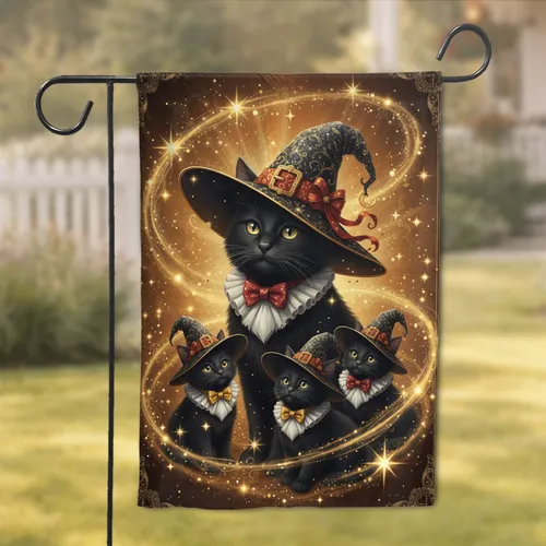 Regal Tuxedo Cat Witch Hat Kitten Family Portrait - Home Decor Gift for Cat Lovers Garden Flag