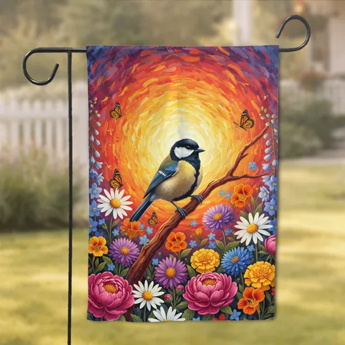Great Tit Bird Daisies Asters Sun Lush Floral Garden - Nature Lover Gift Garden Flag