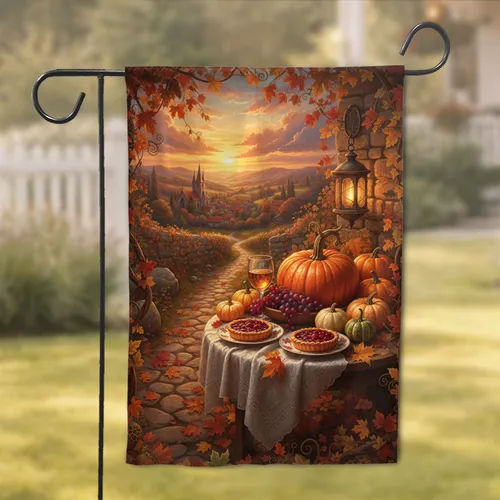 Autumn Harvest Still Life Village Sunset - Fall Home Decor Gift Garden Flag