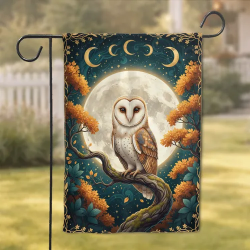 Wise Barn Owl Full Moon Luminous Night Sky Autumn Forest Stars Wildlife Lover Gift Garden Flag