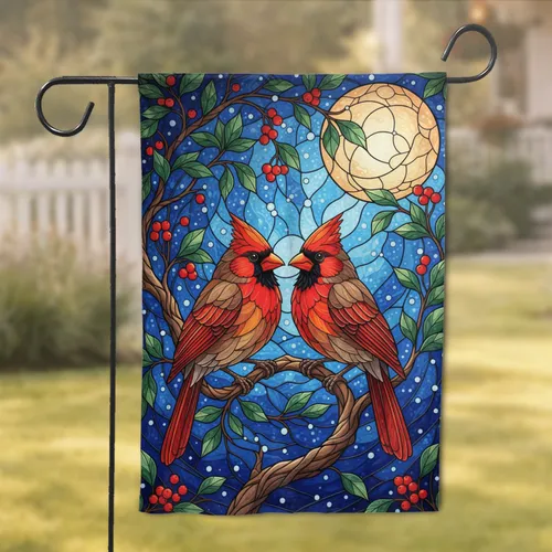 Stained Glass Cardinals Gnarled Branch Full Moon - Bird Watcher Home Decor Garden Flag