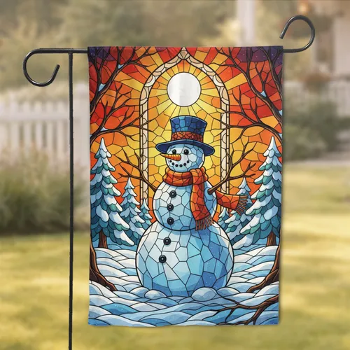 Snowman Dark Blue Top Hat Orange Scarf Evergreen Tree Winter Sunset Gift Garden Flag