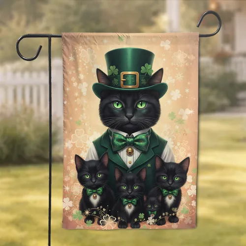 Top Hat Tuxedo Cat Kittens Shamrocks St. Patrick's Day Gift for Cat Lover Garden Flag