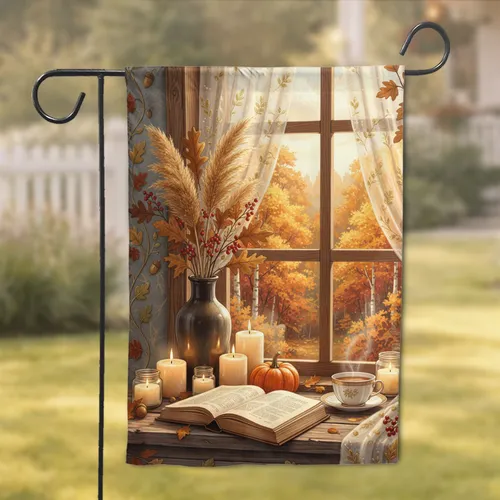 Cozy Autumn Window Scene Pampas Grass Pumpkin Teacup - Fall Home Decor Garden Flag