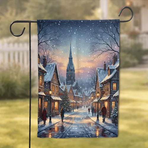 Gothic Church Steeple Snowy European Street - Christmas Home Decor Gift Garden Flag