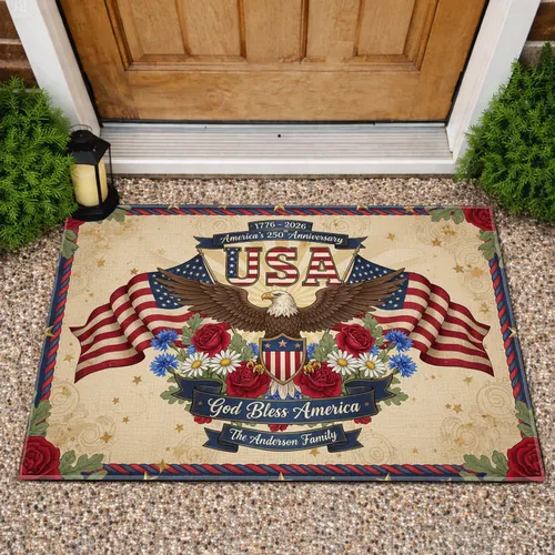 Bald Eagle American Flag Shield 1776-2026 - USA 250th Anniversary Custom Family Name Doormat