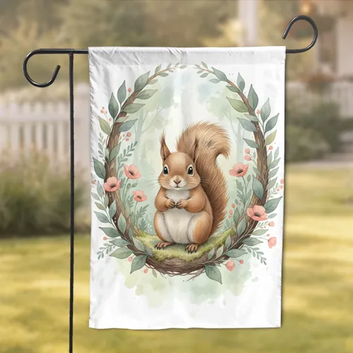 Fluffy Squirrel Tree Hollow Verdant Foliage Wildflower - Woodland Home Decor Gift Garden Flag