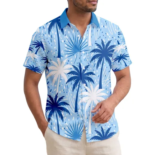 Tropical Blue White Palm Trees Fronds Leaf Shapes - Tropical Lifestyle Travel Gift Hawaiian Shirt