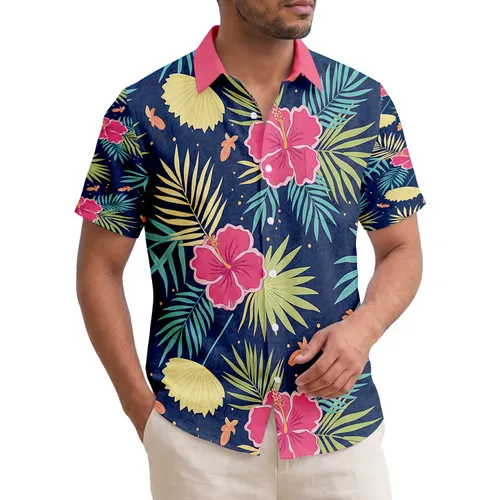 Fuchsia Hibiscus Palm Fan Fronds Tropical Leaves - Everyday Island Vacation Gift Hawaiian Shirt