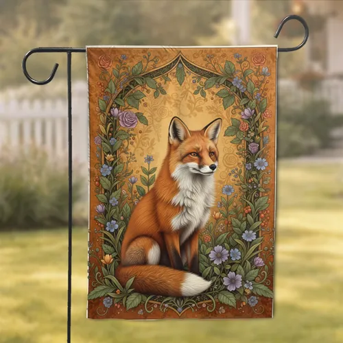 Red Fox Wildflower Rose Berries Ornate Tendril Arched Framework - Home Decor Gift Garden Flag