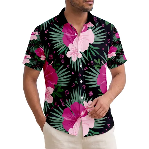 Hibiscus Plumeria Flowers Teal Palm Fronds Black Background - Home Decor Gift Hawaiian Shirt