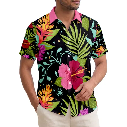 Black Background Pink Red Hibiscus Palm Fronds Ginger Flowers - Tropical Lifestyle Gift Hawaiian Shirt
