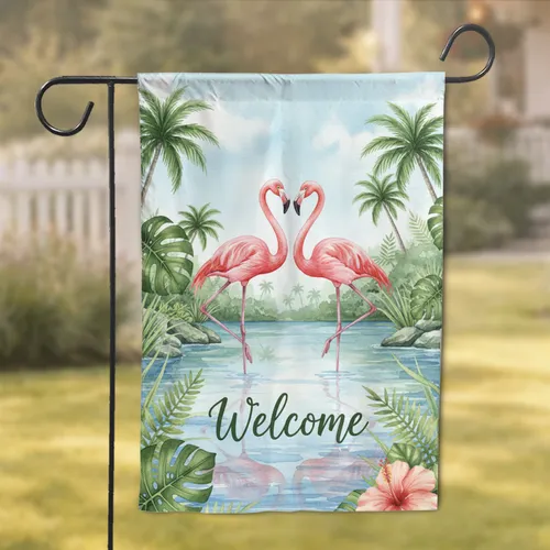 Elegant Pink Flamingos Tropical Lagoon Welcome - Wildlife Lover Home Decor Gift Garden Flag