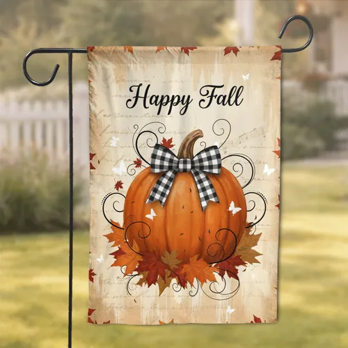 Happy Fall Pumpkin Buffalo Plaid Autumn Leaves - Rustic Home Decor Gift Garden Flag