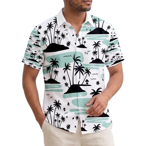 Black Palm Tree Island Beach Hut Aqua Teal Water Sky - Tropical Travel Essentials Hawaiian Shirt