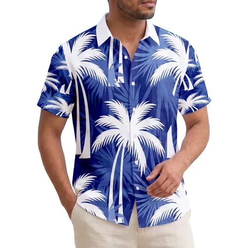 Navy Blue Background White Palm Trees Tropical Foliage - Tropical Island Decor Gift Hawaiian Shirt