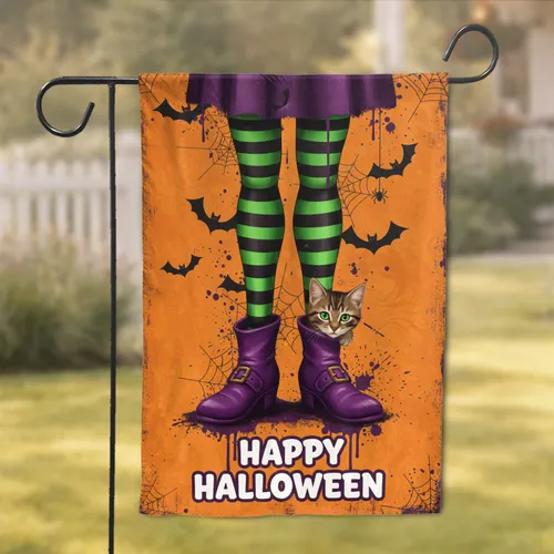 Witch Legs Tabby Cat Happy Halloween - Halloween Decor Gift Garden Flag