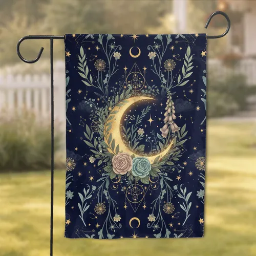 Golden Crescent Moon Wild Garden Flowers Celestial Stars Constellations Home Decor Gift Garden Flag