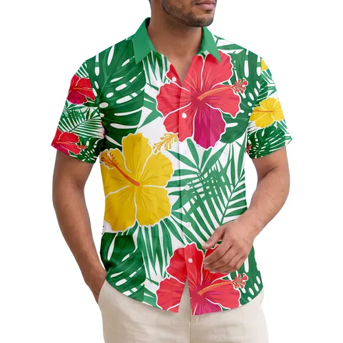 Tropical Hibiscus Fan-Shaped Palmetto Palm Leaf Floral - Tropical Decor Gift for Gardeners Hawaiian Shirt