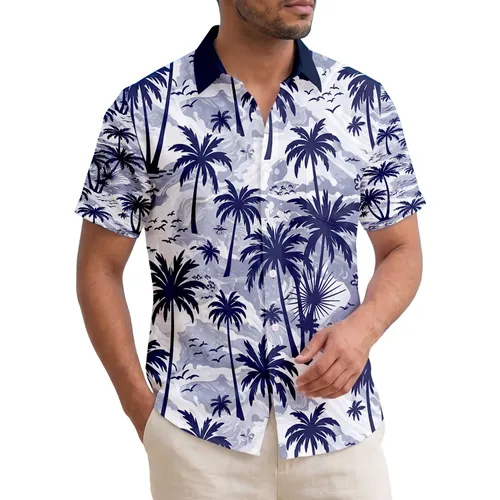 Tropical Silhouetted Palm Trees Flying Birds Wavy Ocean Sky Scene - Home Decor Gift Hawaiian Shirt