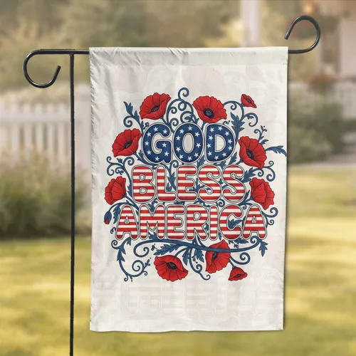 God Bless America Stars Stripes Poppies Vines - Independence Day Patriotic Home Decor Gift for Veterans Garden Flag