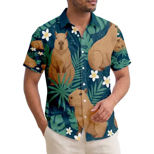 Capybara Hawaiian Monstera Palm Plumeria Flowers - Wildlife Lover Gift Hawaiian Shirt