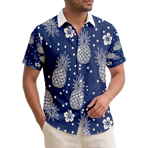 Tropical White Pineapples Navy Blue Dots - Summer Beach Vacation Travel Gift Hawaiian Shirt