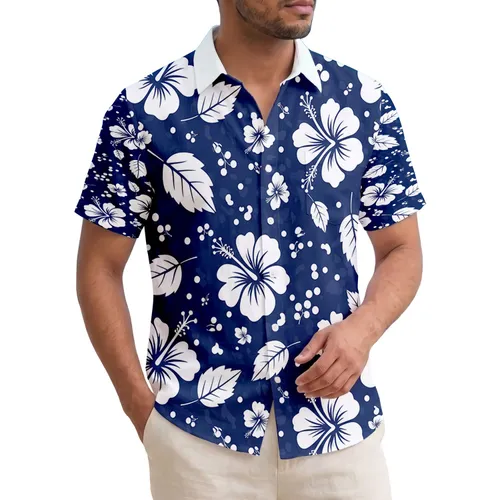 White Hibiscus Flowers Leaves Dots Navy Blue - Tropical Island Lifestyle Home Decor Gift Hawaiian Shirt