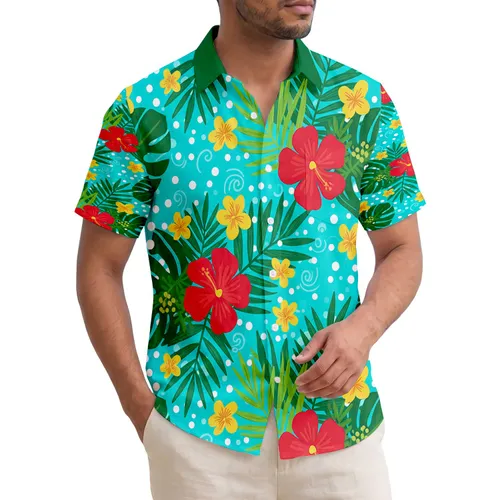 Red Hibiscus Yellow Tropical Flowers Green Palm Fronds White Dots - Home Decor Gift Hawaiian Shirt
