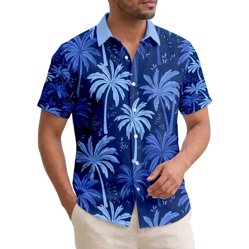 Blue Palm Tree Fronds Silhouettes Tropical Beach Vacation Home Decor Gift Hawaiian Shirt