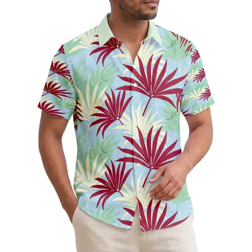 Dense Overlapping Deep Red Yellow Green Tropical Palm Fronds Blue Background - Home Decor Gift Hawaiian Shirt