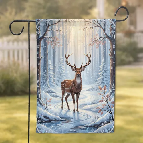 Spotted Deer Winter Forest Path - Winter Wildlife Home Decor Gift Garden Flag