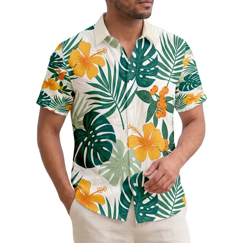 Tropical Monstera Palm Fronds Orange Flowers Berries - Everyday Use Gift Hawaiian Shirt