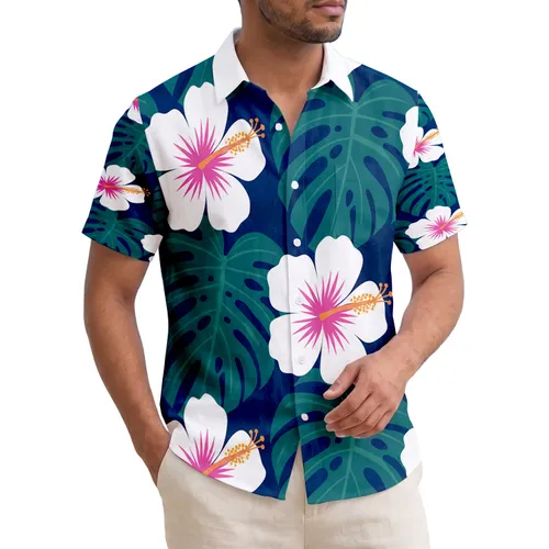 Large White Hibiscus Magenta Monstera Leaves Navy Tropical Island Getaway Gift Hawaiian Shirt