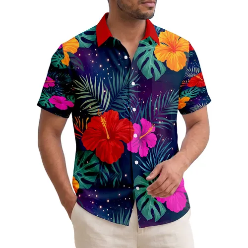 Tropical Hibiscus Palm Leaves Starlight - Summer Vacation Beach House Decor Hawaiian Shirt
