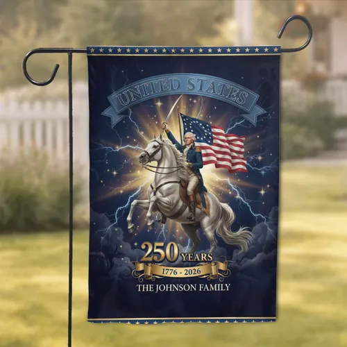 Custom Family Name George Washington Rearing Horse Betsy Ross Flag - USA 250th Anniversary Independence Day Garden Flag