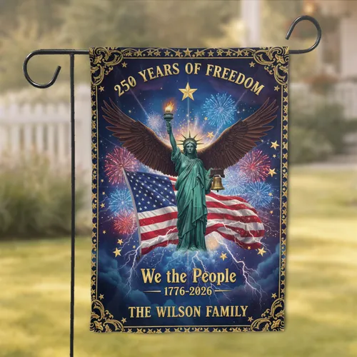 Custom Family Name Bald Eagle Statue of Liberty American Flag USA 250th Anniversary Independence Day for Veterans Garden Flag
