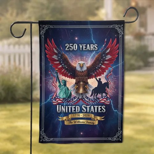 Custom Family Name Bald Eagle American Flag Liberty Bell - USA 250th Anniversary Independence Day Garden Flag