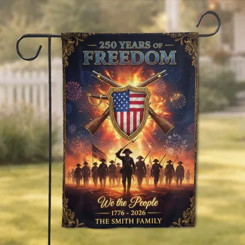 Custom Family Name American Flag Shield Revolutionary War Soldiers - 250 Years of Freedom Independence Day Garden Flag