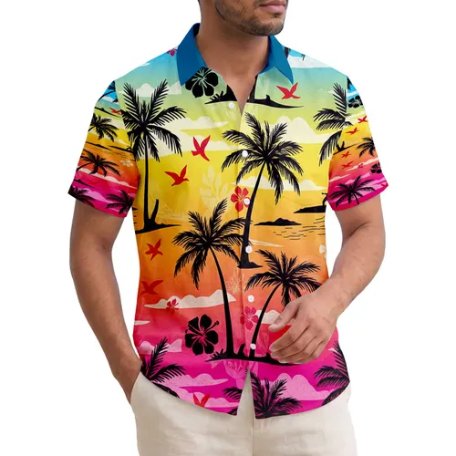 Tropical Palm Trees Red Birds Surfer Sunset Sky - Traveler's Vacation Gift Hawaiian Shirt