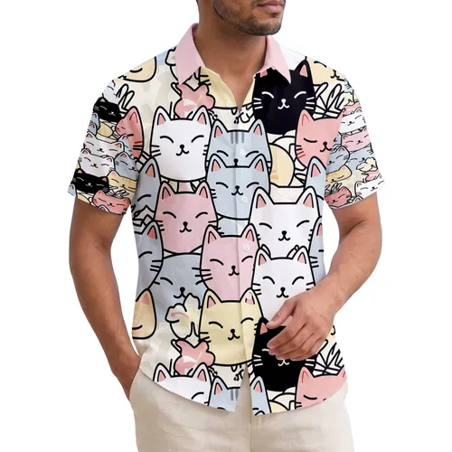 Cartoon Cat Faces Tropical Plants Hibiscus Palm Fronds - Home Decor Gift for Cat Lovers Hawaiian Shirt