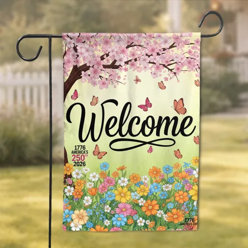Welcome Butterflies Blooming Garden Tree Blossoms - Spring Home Decor Gift for Garden Lover Garden Flag