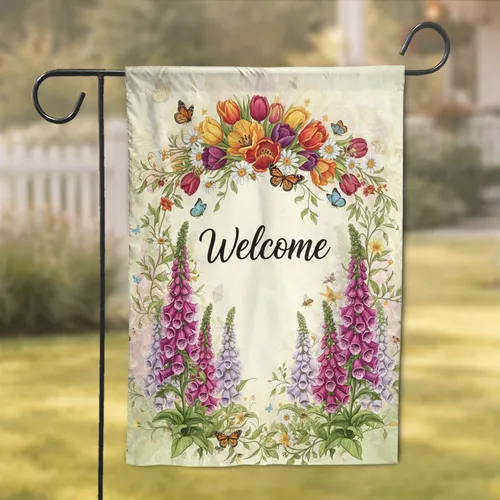 Welcome Script Foxglove Tulips Daisies Monarch Butterflies Honeybee - Home Decor Gift Garden Flag