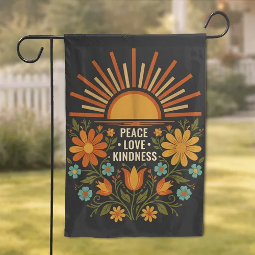 Sunrise Peace Love Kindness Folk Art Flowers - Boho Home Decor Gift Garden Flag