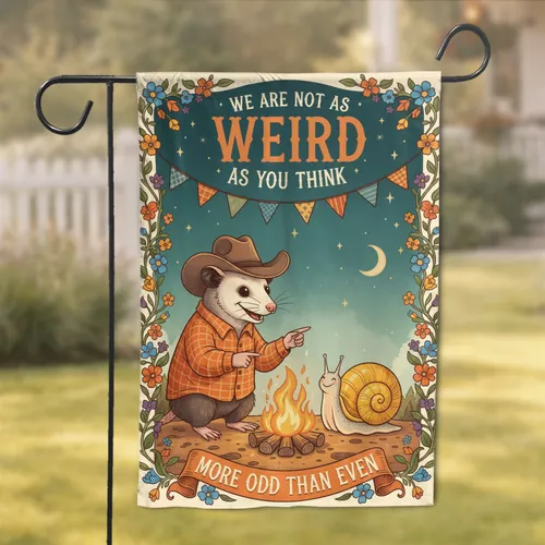 WE ARE NOT AS WEIRD AS YOU THINK Opossum Snail Campfire Home Decor Gift Garden Flag