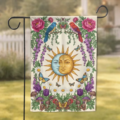 Celestial Sun Moon Birds Peonies Foxglove Daisies - Home Decor Gift Garden Flag