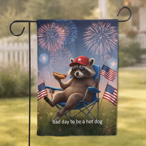 Humorous Raccoon Hot Dog American Flag Fireworks - Independence Day Celebration Garden Flag